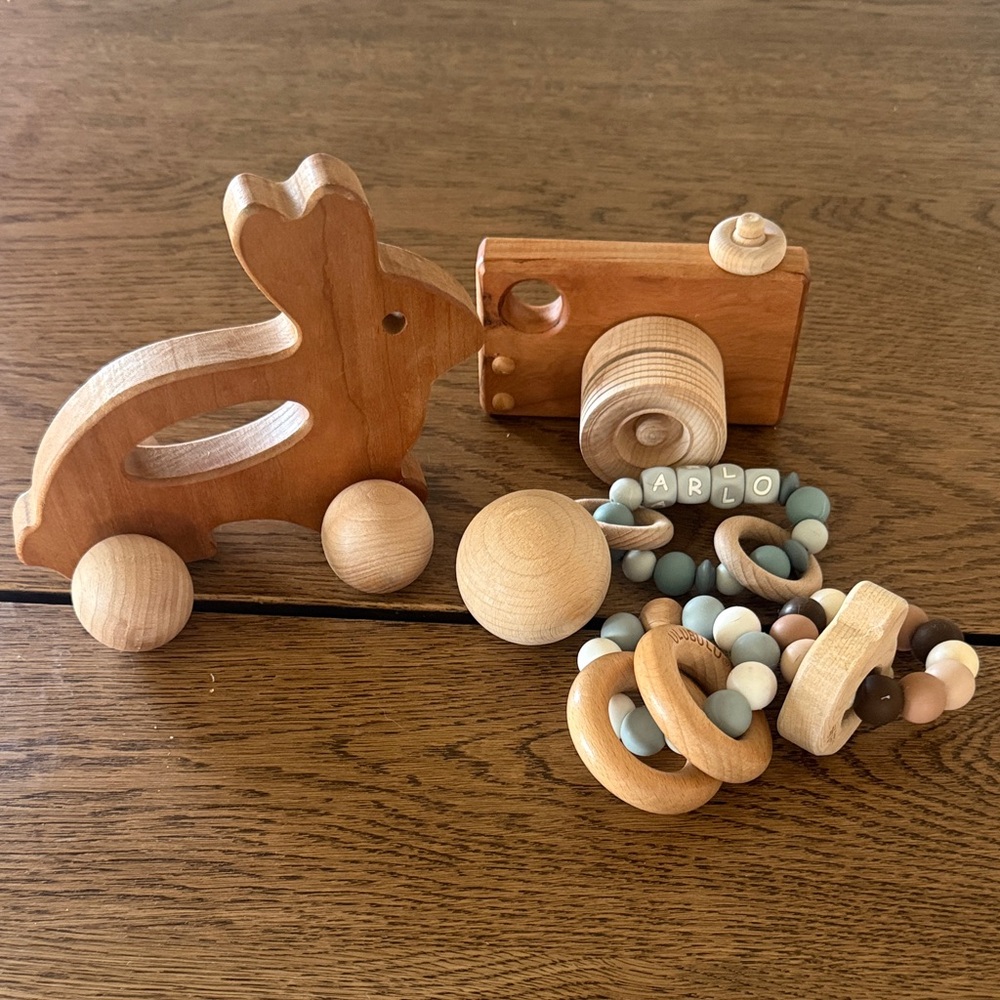 Wooden Bunny Push Toy and Baby Teether Set in Natural and Pastel Blue